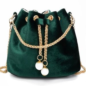 Emerald velvet bucket bag with gold & pearl decal